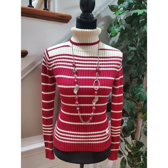 Loft Women's Red & Cream Cotton Turtle Neck Long Sleeve Pullover Knit Sweater XS - Picture 1 of 10
